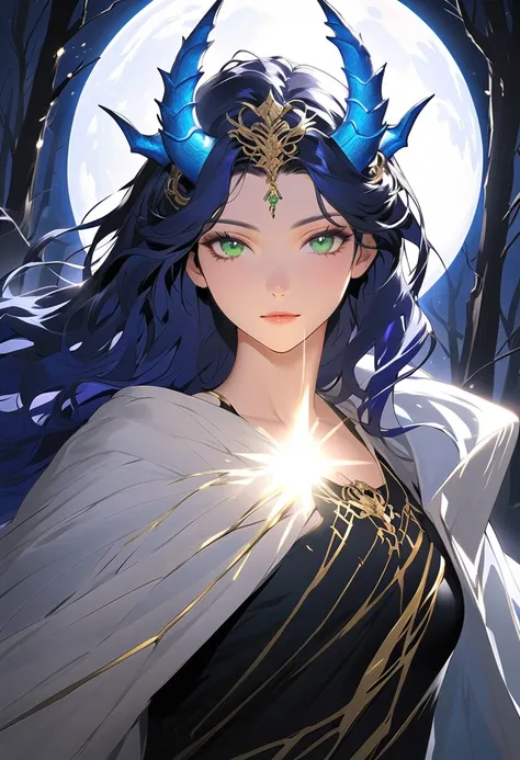 This character is a woman with a mystical aura, beautiful and mature. Her long, bright, shiny dark blue hair is combined with sharp shining green eyes. She has bright blue dragon horns on her head, wearing a black dress, set in a beautiful dark forest with...