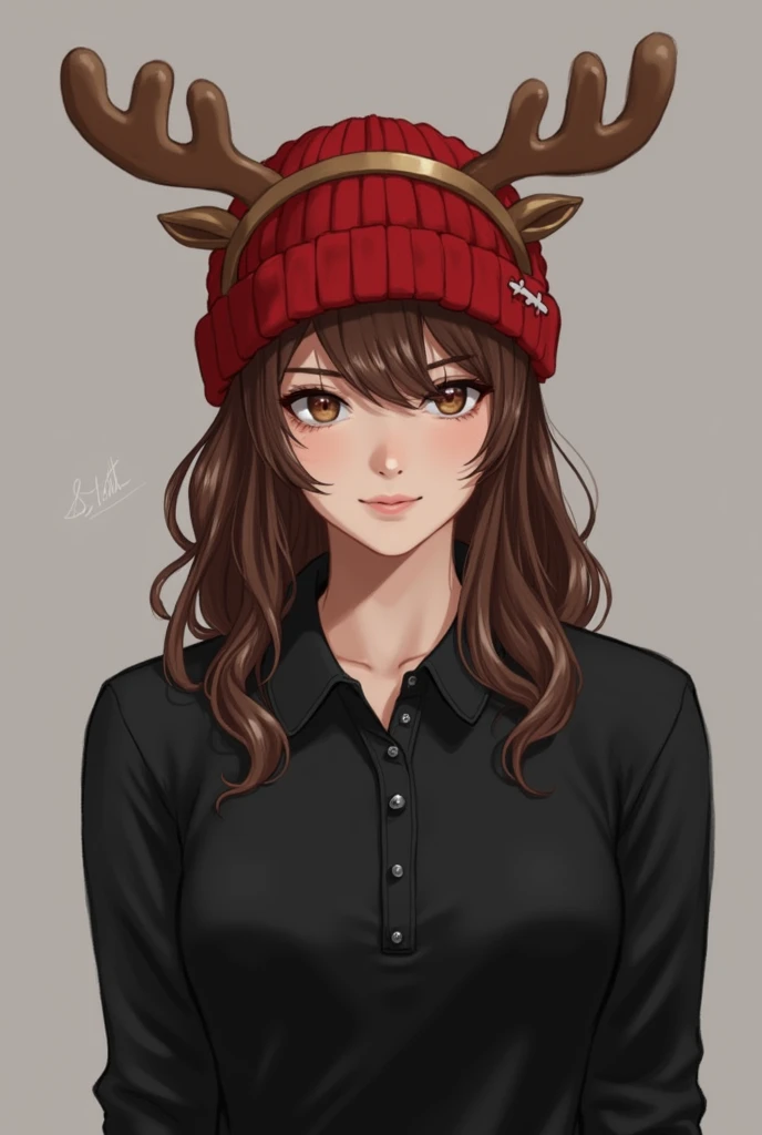 Brown hair with red cap with reindeer headband long sleeve black polo 