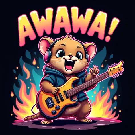 black background,FLAT t shirt design,hyper-realistic,fantasy digital comic style colorful pop art featuring a cute brown fur chubby Hyrax shrew-mouse in a rock and roll theme holding an electric guitar(with bright neon pattern) in a dynamic pos,wearing vib...