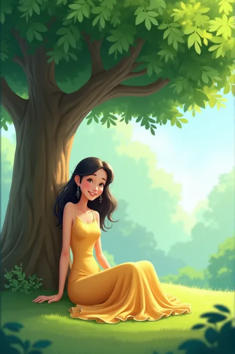 Dalagang nakasleevless na dress na nakaupod sa ilalim Ng puno animated