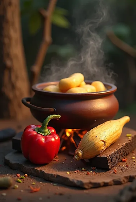 a red chili pepper and a cassava on a pot cooking with wood