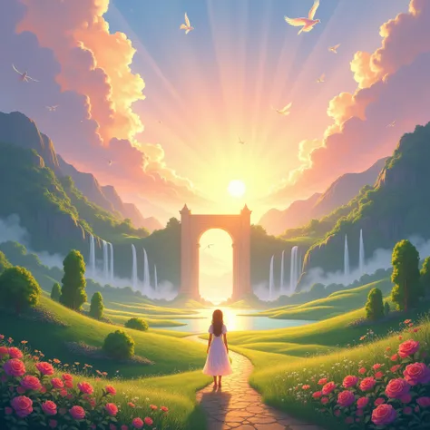 “A serene paradise scene in a Pixar-style illustration. A radiant, glowing landscape with lush green fields, sparkling waterfalls, and a golden path leading to a majestic gate. The sky is painted with soft pastel hues of pink, purple, and gold, filled with...