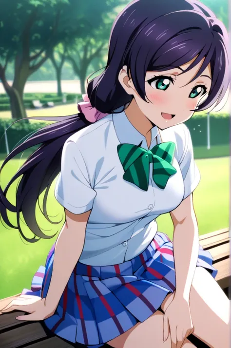 1girl, toujou nozomi, love live!, otonokizaka school uniform, smile, hand between thighs, beautiful scape, park, sitting, looking at another, open mouth, (spread leg:0.5) down, green ribbon, pantyshot