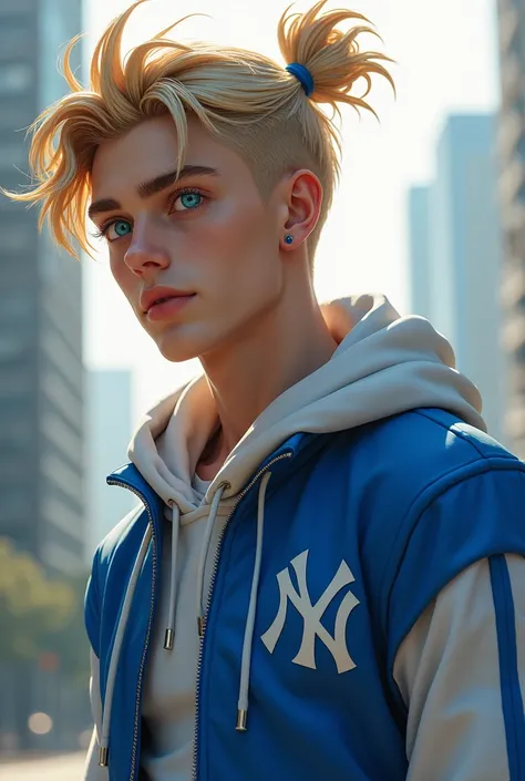 A young man, blond hair with a topknot, blue eyes, athletic body and wearing a basketball jacket. 