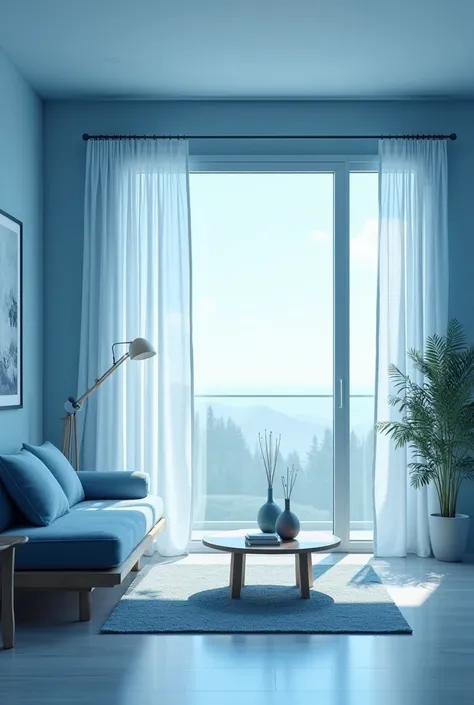 Create an animated 3D interior of a minimalist house with a color scheme primarily featuring various shades of blue. The room should have modern, sleek furniture with simple lines and clean surfaces, typical of minimalist design. Include elements like a co...