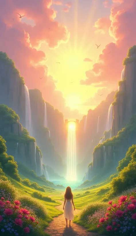 “A serene paradise scene in a Pixar-style illustration. A radiant, glowing landscape with lush green fields, sparkling waterfalls, and a golden path leading to a majestic gate. The sky is painted with soft pastel hues of pink, purple, and gold, filled with...