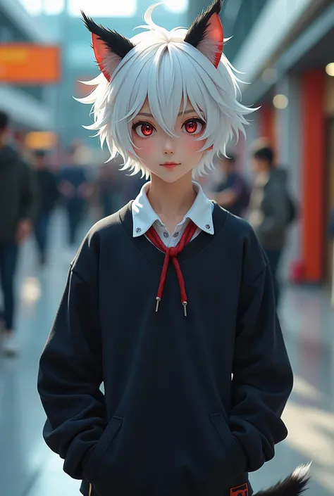 A 17-year-old boy cosplaying My Hero Academy and white hair with black tips , crimson eyes and a UA uniform and a black sweatshirt and small bosdo horns along with leopard ears and tail