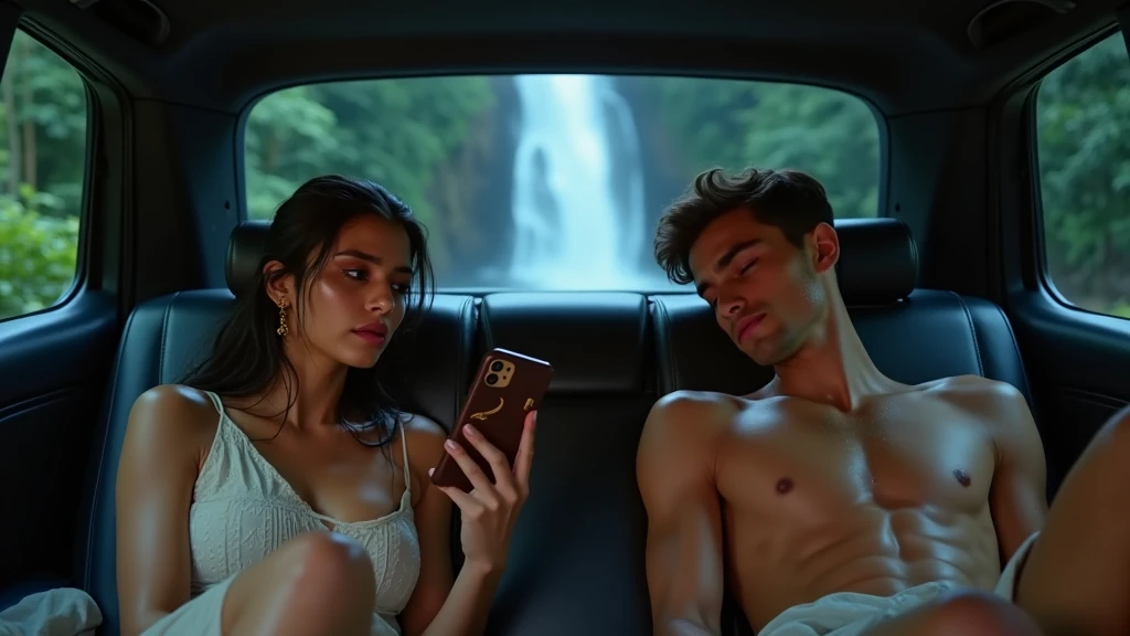 On the back seat of a car, A sexy young indian girl is sitting-crying with a phone in a chocolate transparent and a handsome young boy is lying-sleeping (on the back seat of a car), and they are completely drenched in sweat, at a beautiful waterfall in the...