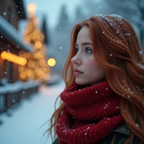 A hyper-realistic glossy portrait of a beautiful woman with long auburn hair, wearing a red knitted scarf, gazing wistfully towards a snow-covered winter village with a lit Christmas tree in the background.  The scene is softly lit, with falling snow.