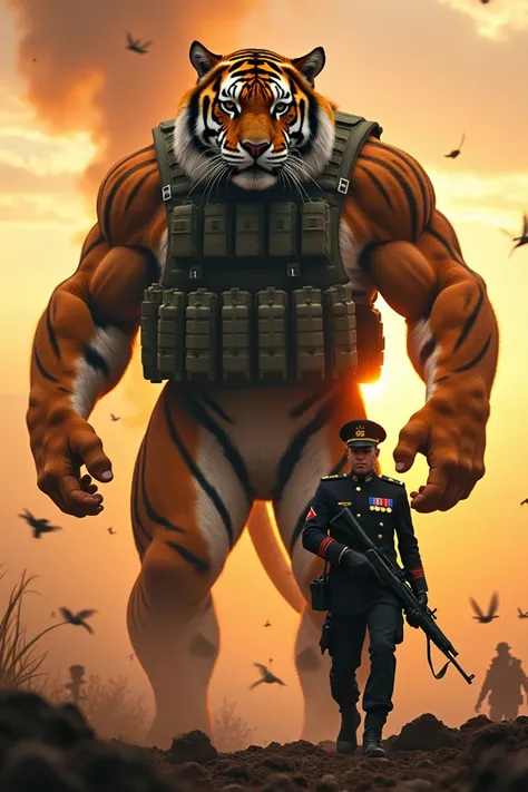 The image features a giant humanoid tiger with realistic details, including orange fur with black stripes. The tiger is wearing a tactical military vest and is armed with modern weaponry, including a rifle and grenades, exuding a commanding presence. Besid...