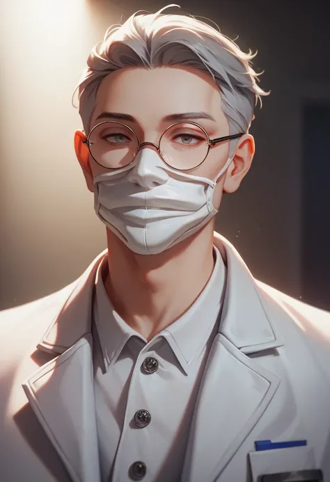 ((benevolent)), 1 man, (upper body), white mask, no face, round glasses, ((forehead)), (grey hair), (white coat), cinematic lighting, dramatic lighting, sharp focus, (best quality, masterpiece, detailed), (in lab), researcher, glasses