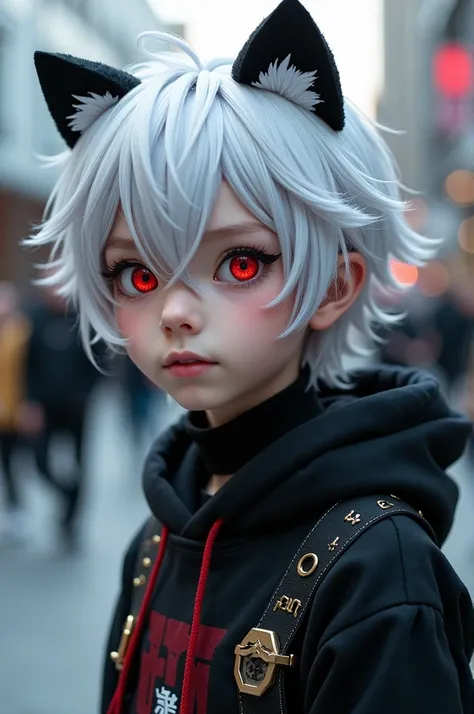 A 17-year-old boy cosplaying My Hero Academy and with white hair with black tips  ,  crimson eyes and a UA uniform and a black sweatshirt and small embroidered horns along with leopard ears and tail