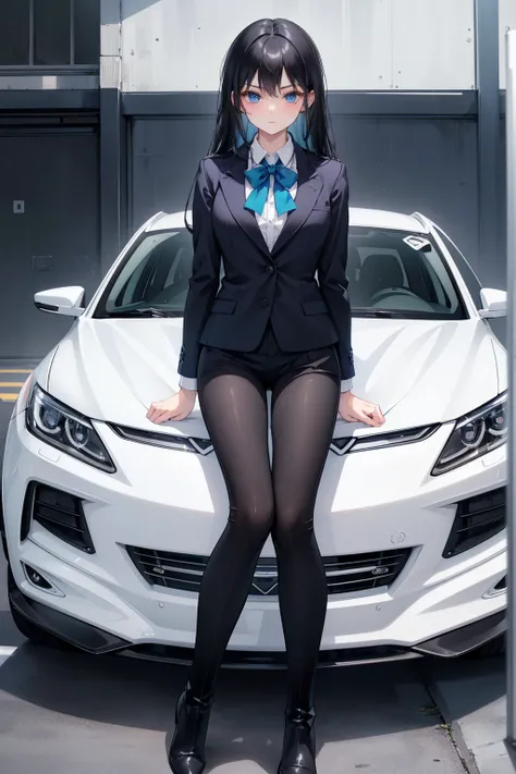 High school students ， already, Black Hair ， With warm blue eyes ， Wore a brand new blue suit and black boots ， Pure white collar and bright green bow 。 has long Black Hair and warm blue eyes ， Lean back in the car seat ， Pose Alluring , spread legs , lowe...