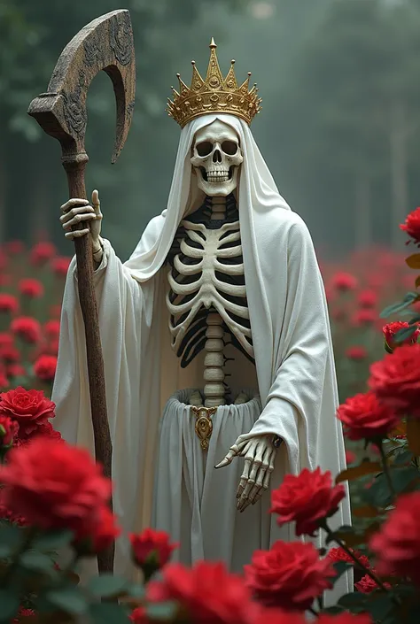  The white holy death with a golden crown,  with a wooden scythe . And surrounded by red roses 