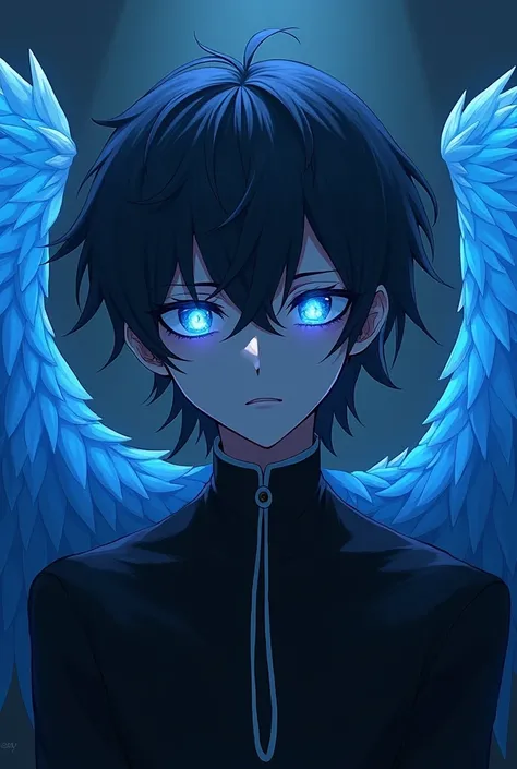 The character Vanitas from   "Vanitas no Carte  "  with glowing eyes and blue wings,  like those of an angel , Almost spectral .