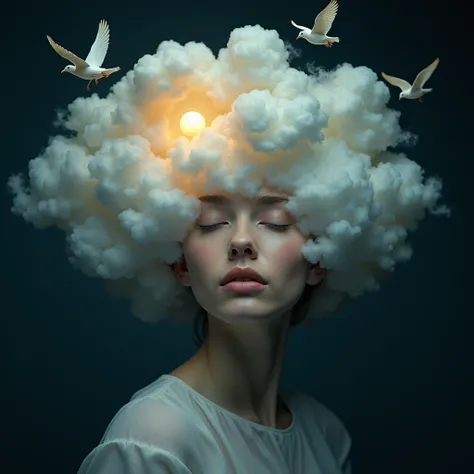 A mesmerizing surrealistic portrait featuring a female face, where the sky is replaced by intricate cloud formations that create a dreamy and ethereal visage. The woman has closed eyes, and her facial features are softly lit, with a celestial body peeking ...