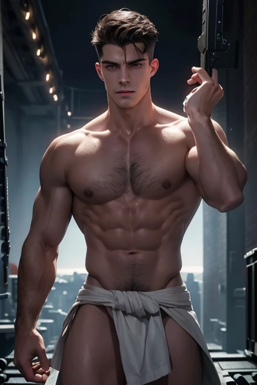 Photorealistic, best quality, medium shot, small loincloth, (clean shaved face:1.5), masterpiece, detailed, masculine portrait of young dark fantasy greek god, angry Zeus male models, god Zeus, male model, handsome young, tall, cute looking, cute look, evi...