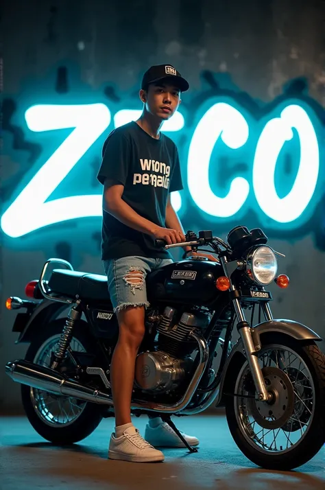 Korean man wearing a baseball cap, t-shirt that says WONG PEMALANG, ripped jeans shorts, white sneakers, standing on a classic Honda CB motorbike, facing the camera, white neon graffiti text background that says ZECO, city night. Real detail, very realisti...