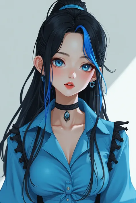 a. 15-year-old black hair with long blue highlights tied light blue eyes blue blouse with black details and cyan skirt and light blue boot     