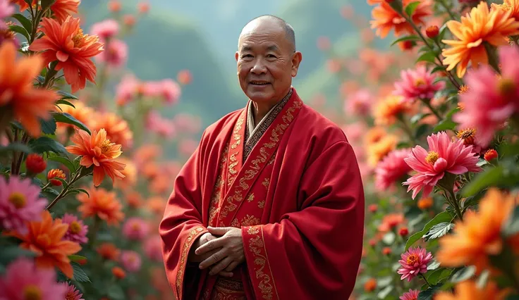 A Tibetan in red clothes surrounded by colorful flowers with sharpness in the image and realism 