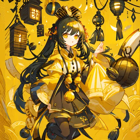  1 girl、Big black ribbon、Black hair ornament、background with lanterns