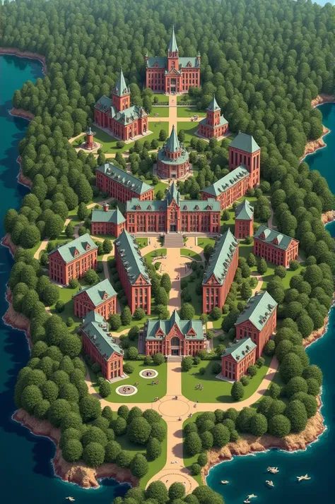 Create a map of a giant university in the middle of a forest