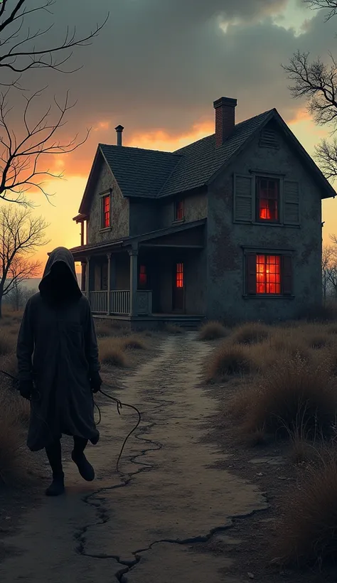 ** Prompt to create the image :**  

" A desolate farm at dusk ,  with an old and abandoned house in the center .  The house is worn out by time ,  with broken windows ,  rotting wood and creepers covering parts of the structure . in front of the house,  a...