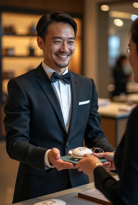 Image of an elegant male seller friendly ,  smiling serving a customer with great service and excellent service showing item to customer 