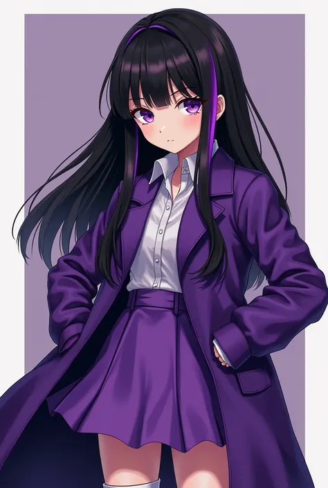 A 15-year-old black hair with purple highlights and long loose purple eyes purple eyes purple coat purple skirt and white boot 