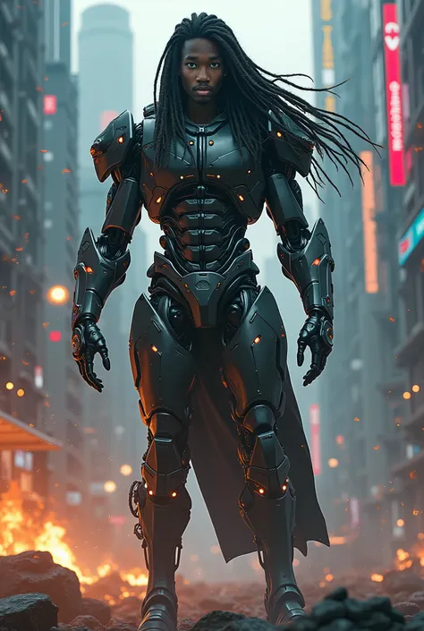 a handsome cyborg man with long dreadlocks, intricate cybernetic limbs, glowing eyes, attacking a futuristic city, detailed machinery, urban destruction, dramatic lighting, cinematic composition, dark and moody atmosphere, neon colors, sci-fi, hyper detail...