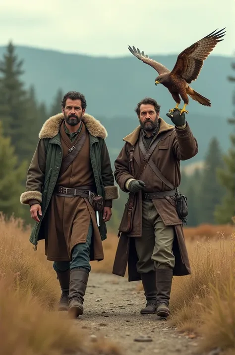 A man walks with a falconer, a hawk walks together