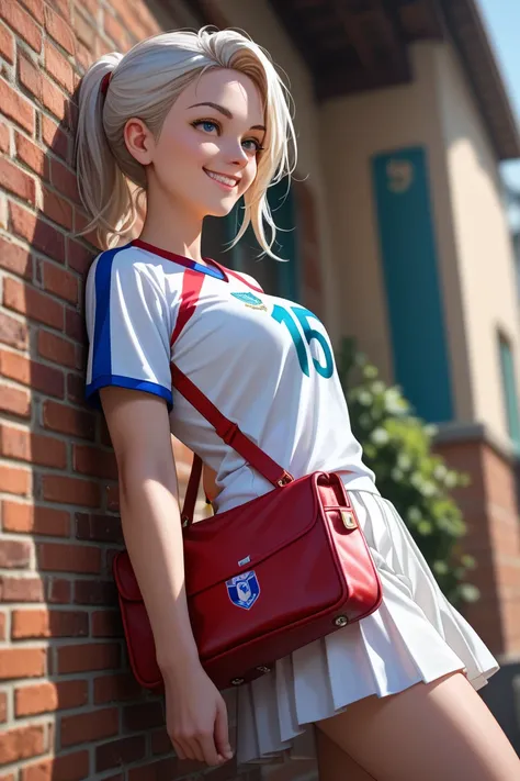 masterpiece,best quality,newest,absurdres,depth of field,1girl,perfect body,looking side,smile,white long tulle skirt,white zipup boots,red soccer jersey,oversized jersey,a luxury brand shoulder bag,stand against the brick wall,full_shot,front view,dynamic...