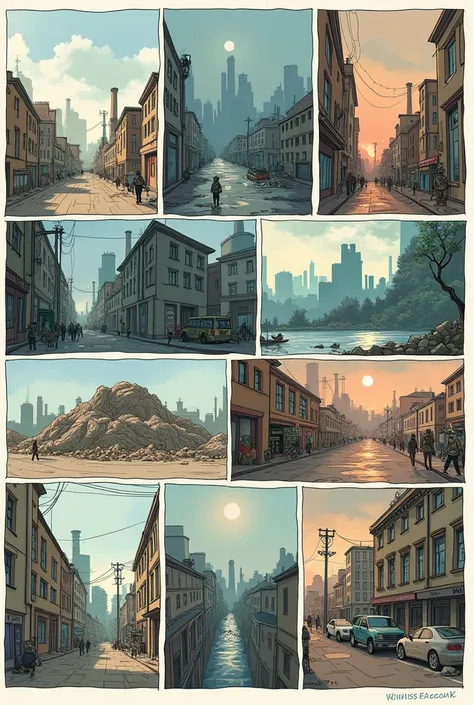 A pollution comic with 9 VIGNETTES 9 drawing style 