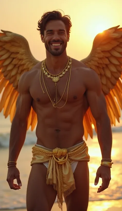 A very handsome divine men wearing golden brief and jewellery having wings smile blush clear eye standing on beach in moon light showing six pack abs and nine inch long hug dick , both hand up and tie in two different piller with a chain clear eye detail f...