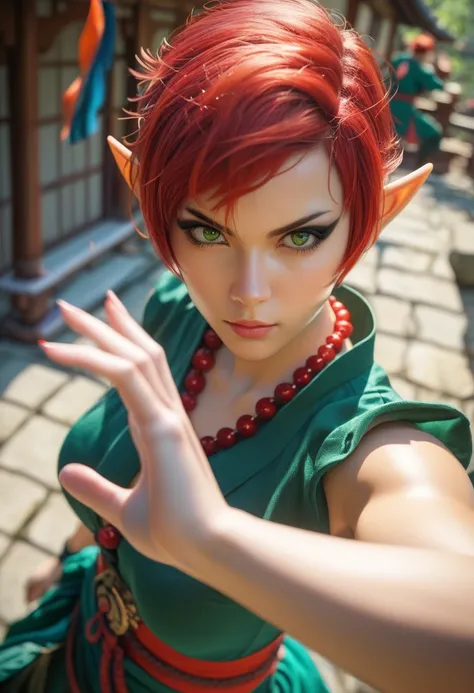 Beautiful elf female, photoreaistic, warrior monk, fair skin, (((short red hair))), green eyes, black eyeliner, ((medium breasts)), pointy ears, strong, fit. Wearing green chinese shirt. Japanese village background. Wearing Buddhist bead necklace. Kung fu ...