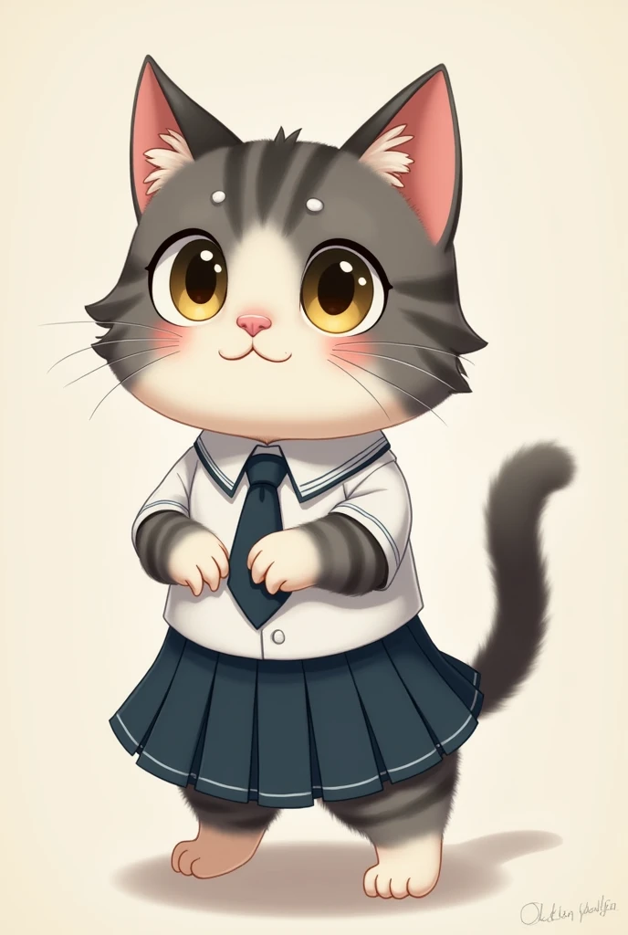 A cute cat stands upright like a human, dressed in a neat school uniform. The little felines fur is soft and fluffy, with a mix of gray and white patches. It wears a crisp white shirt, a tiny tie that rests under its chin, and a pleated skirt that twirls g...