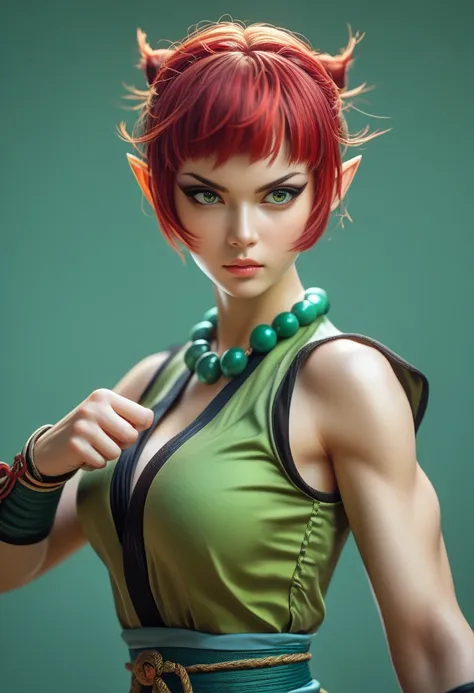 Beautiful elf female, photoreaistic, warrior monk, fair skin, (((short red hair))), green eyes, black eyeliner, ((medium breasts)), pointy ears, strong, fit. Wearing green chinese shirt. Japanese village background. Wearing Buddhist bead necklace. Kung fu ...