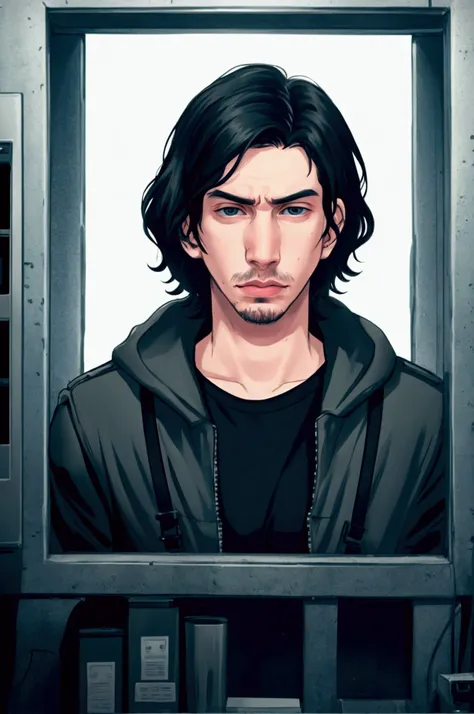 Adam Driver Hacker in the Dark Room,  in a serious face