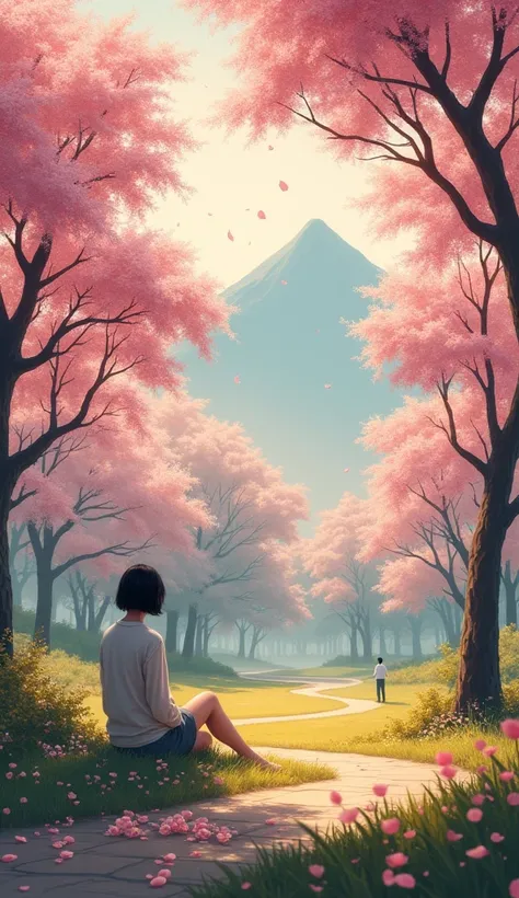 masterpiece、Realistic、 top quality、A quiet park surrounded by 々 in the background .  Soft pink petals gently float through the air,  Early morning sunlight shines golden in the scene .  A foggy mountain in the distance 々 tall cherry trees in full bloom 