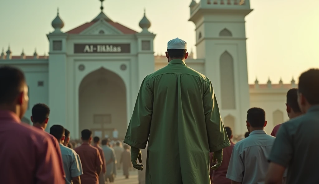 Create a hyper-realistic ultra-HD cinematic image of the Hulk wearing a long-sleeve Muslim shirt, a white kopiah (prayer cap), and a sarung, holding a sajadah (prayer mat) as he walks towards a mosque with the words Al-Iklhas written on its sign in Indones...