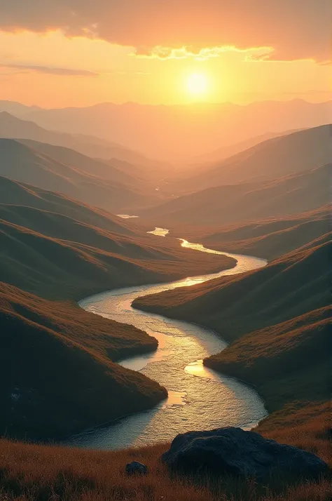 Mysterious Mongolian landscape: A serene view of the Mongolian steppes with rolling hills, a river flowing through, and a golden sunset, evoking an air of mystery.