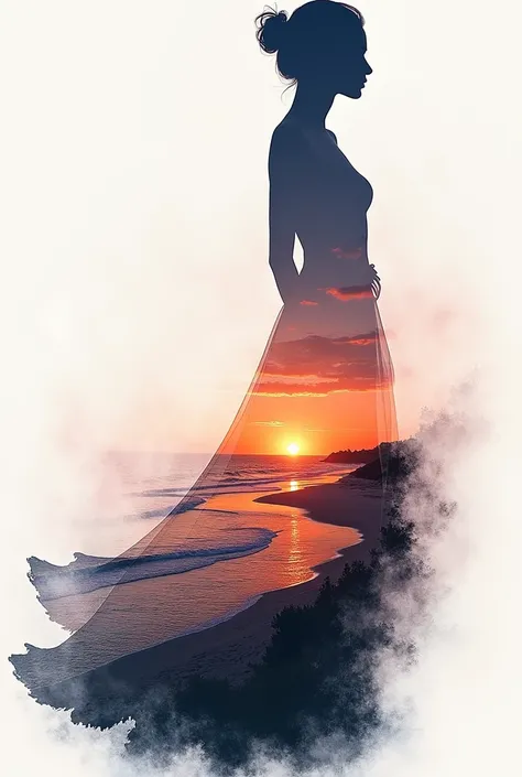 high quality, 8K Ultra HD, A beautiful double exposure that combines an goddess silhouette with sunset coast, sunset coast should serve as the underlying backdrop, with its details incorporated into the goddess , crisp lines, The background is monochrome, ...