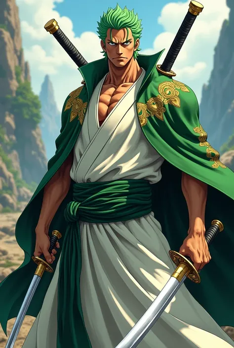  Roronoa Zoro,  of one piece with white kimono and green wano style cloak and its 3 katanas, Do it with beautiful details and a bit realistic
 