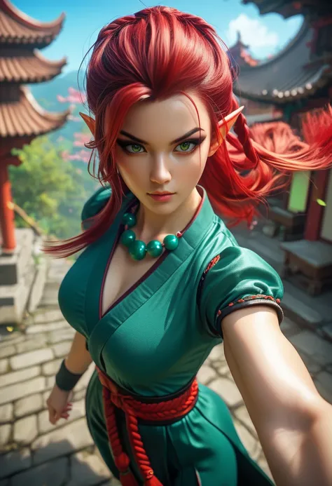 Beautiful elf female, photoreaistic, warrior monk, fair skin, (((medium red hair,  center part))), green eyes, black eyeliner, ((medium breasts)), pointy ears, strong, fit. Wearing green chinese shirt. Japanese village background. Wearing Buddhist bead nec...