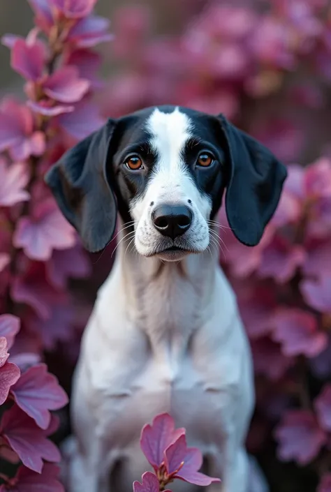  I need to create several photos of a very tender English pointer dog and that it is an image with motifs of the pagan Yule holiday, The little dog must be white with black and the decorations in fuchsia and lilac scales , the brown color must be completel...