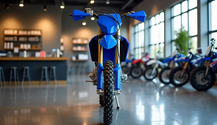 ( 2025 Suzuki rmz 450 dirt bike)  blue front full view with showroom