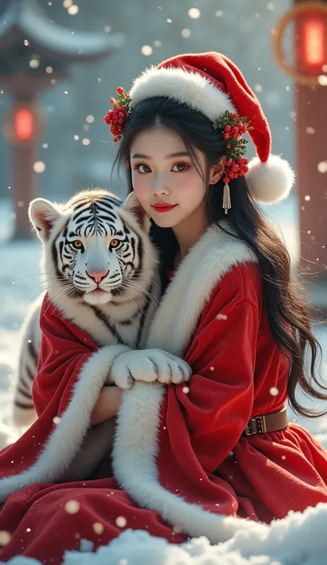 A beautiful Chinese goddess dressed as Santa Claus with a baby White Tiger, both wearing festive Santa costumes. The goddess has traditional Chinese features, with a perfect golden ratio face, double eyelids, wide double eyelid folds, and visible tear trou...