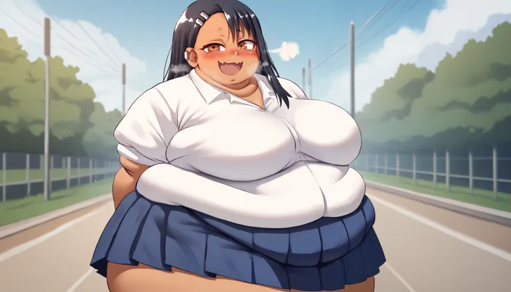 score_9, nagatoro hayase, white shirt, pleated skirt, tan, standing, facing viewer, looking at viewer, arms behind back, smile, blush, cowboy shot, outdoors, school, high resolution, Masterpiece fat, chubby, obese, fat arms and legs, large breasts open mou...