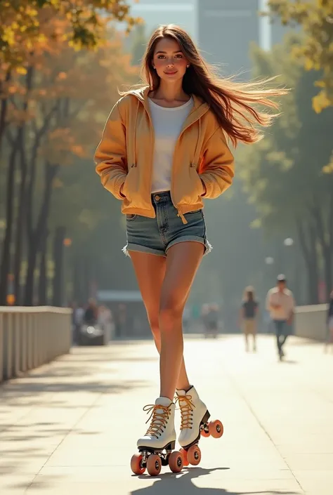 20-year-old woman in front , light skinned,  with long straight brown hair,  with red cheeks due to blush and skating on 4-wheeled skates