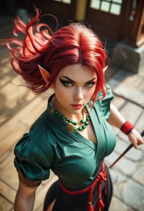 Beautiful elf female, photoreaistic, warrior monk, fair skin, (((medium red hair))), green eyes, black eyeliner, ((medium breasts)), pointy ears, strong, fit. Wearing green chinese shirt. Japanese village background. Wearing Buddhist bead necklace. Kung fu...